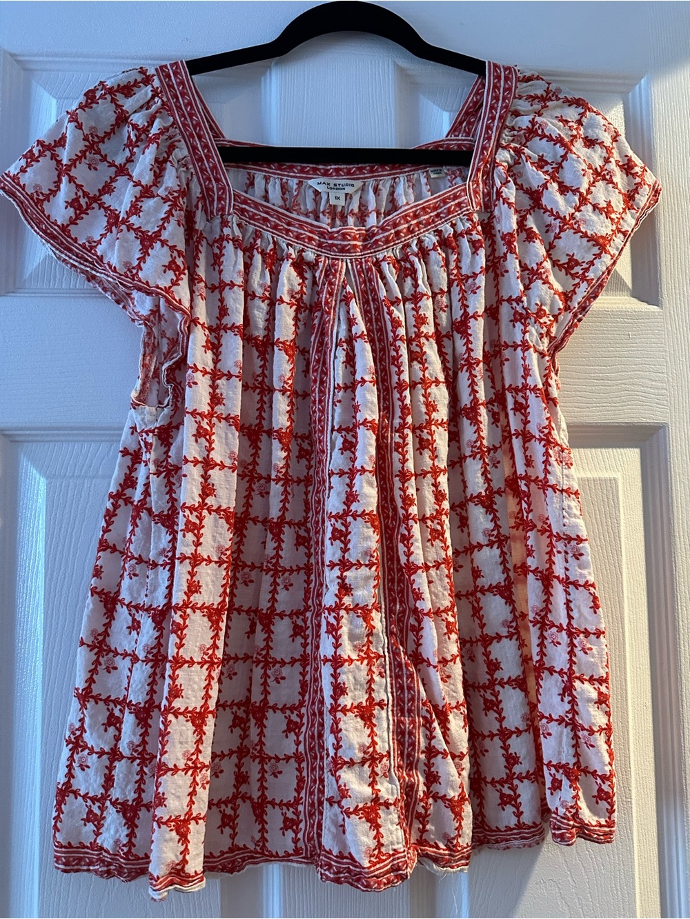 Max Studio Red and White Embroidered Peasant Tunic